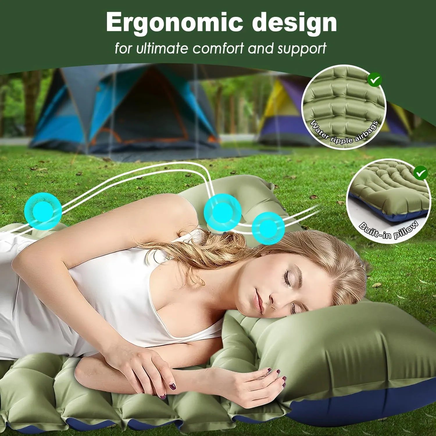 Double Sleeping Pad for Camping - Ultralight Camping Mattress with Pillow, Built-in Foot Pump, Compact Inflatable 2-Person Portable Mat for Backpacking, Hiking, Car Traveling, Beach, Tent
