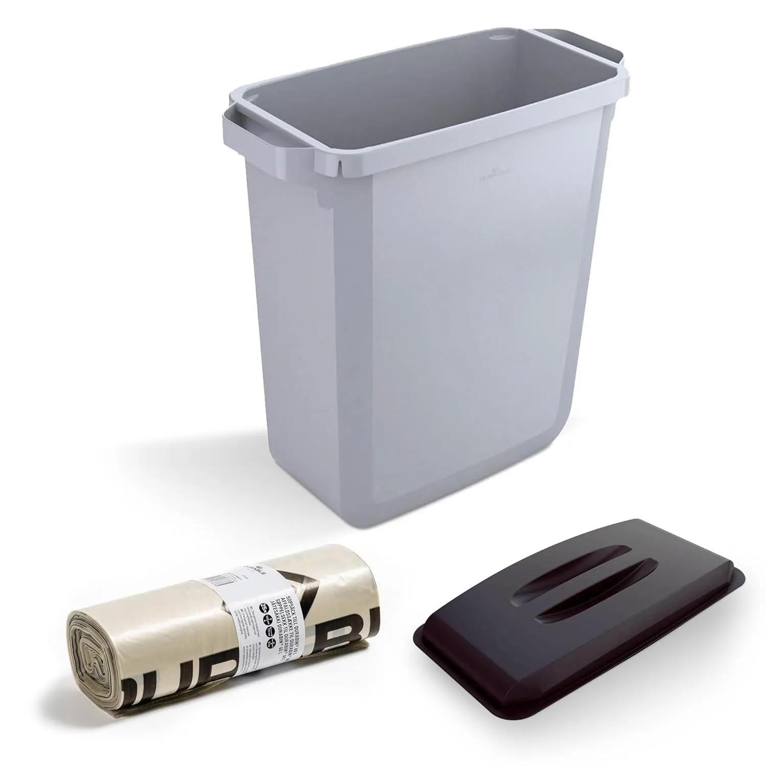 DURABIN 60L Grey Rectangular Wastebin and Black Lid and 110L Dustbin Bags 25 Pack Strong Plastic Bag for Rubbish Recycling Food Safe with Blue Angel Certified Bin Liners for Home Office Schools
