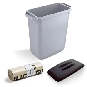 DURABIN 60L Grey Rectangular Wastebin and Black Lid and 110L Dustbin Bags 25 Pack Strong Plastic Bag for Rubbish Recycling Food Safe with Blue Angel Certified Bin Liners for Home Office Schools