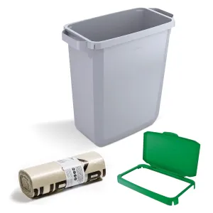DURABIN 60L Grey Rectangular Wastebin and Green Hinged Lid with Paper Slot & 25x 110L Bin Bags Strong Plastic Bag for Rubbish Recycling Food Safe with Blue Angel Certified Bin Liners for Home Office