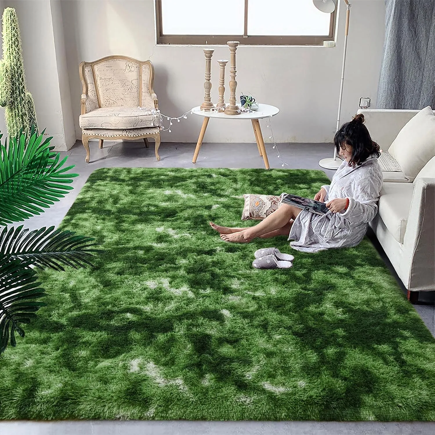 DweIke Fluffy Modern Area Rugs for Living Room Bedroom, 3x5 ft Plush High Pile Dark Green Rug for Kids Girls Room Nursery Home Decor, Upgrade Non-Slip Girls Bedroom Soft Indoor Rug, Dark Green