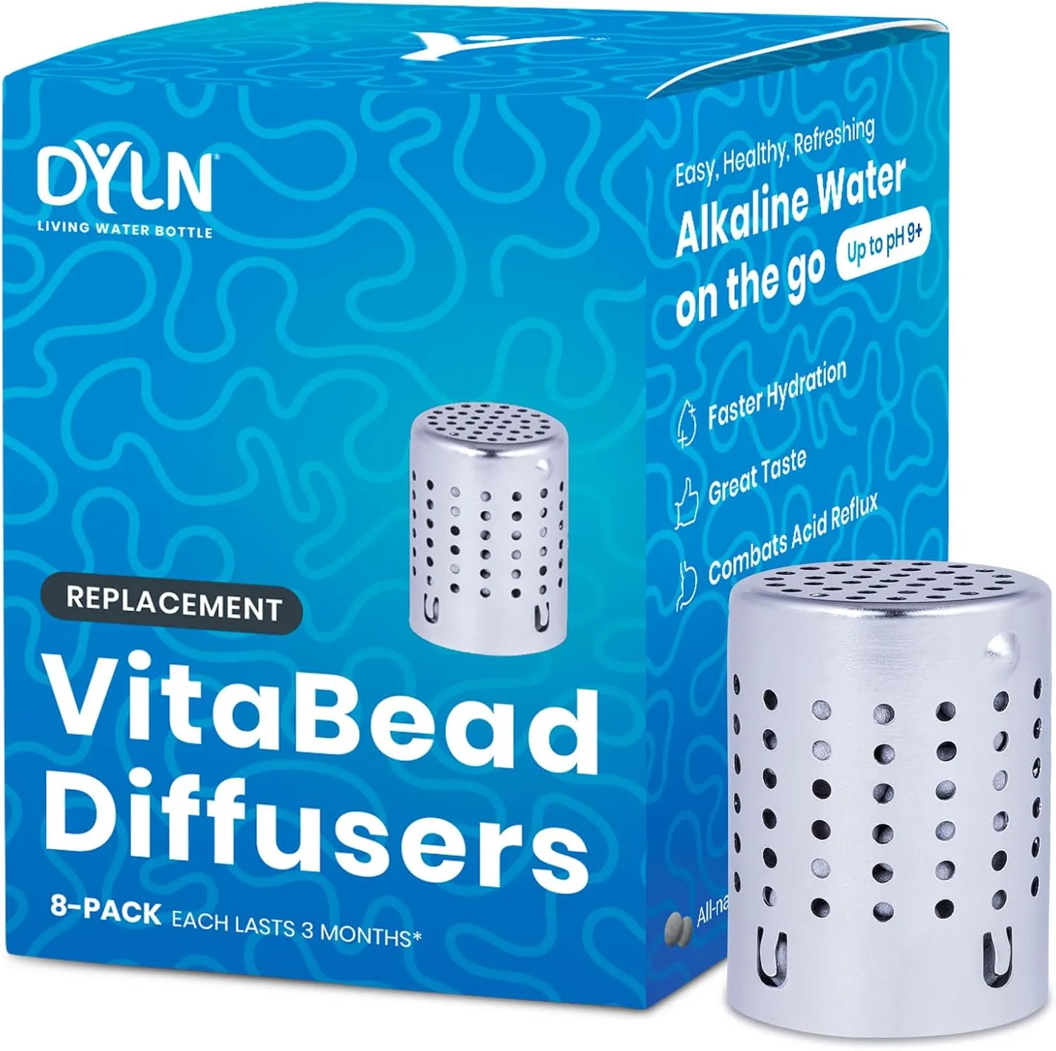 DYLN VitaBead Diffuser | Creates Hydrogen-Rich, pH 9  Alkaline Antioxidant Water | Replacement for DYLN Bottle | Natural Mineral Ionized Hydrogen Generator for Delicious Tasting Water | 8-Pack