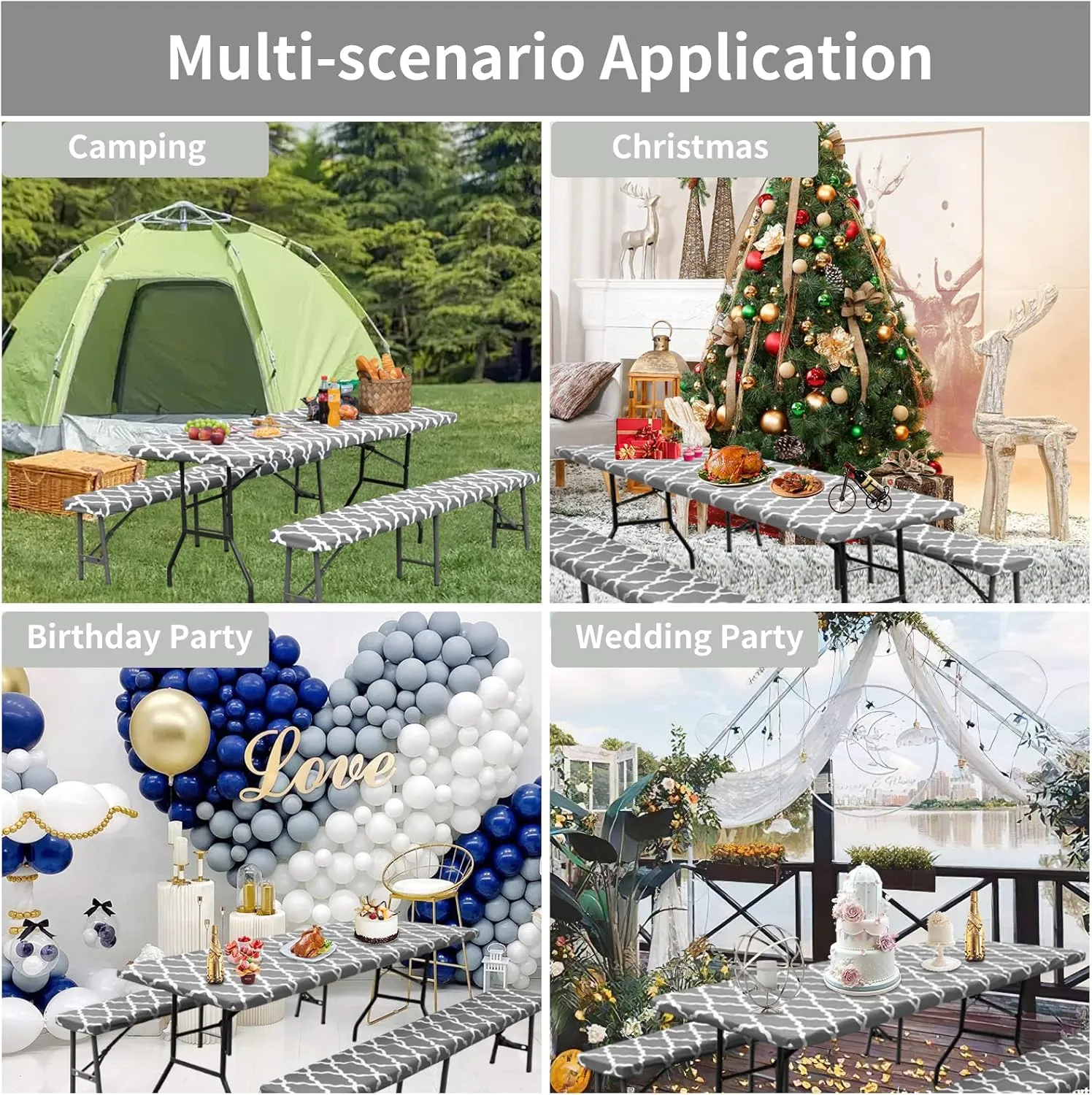 Easy-Going 100% Waterproof Picnic Outdoor Tablecloth with Bench Covers Fit 8 Foot Rectangle Table, 3-Piece Set Camping Table Cover with Seat Covers (30x96 in, Moroccan/Grey & White)