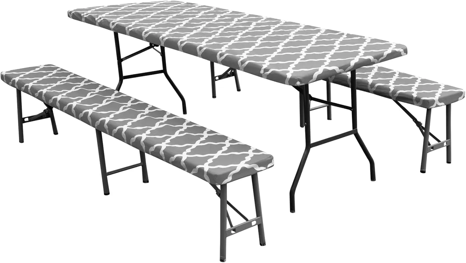 Easy-Going 100% Waterproof Picnic Outdoor Tablecloth with Bench Covers Fit 8 Foot Rectangle Table, 3-Piece Set Camping Table Cover with Seat Covers (30x96 in, Moroccan/Grey & White)