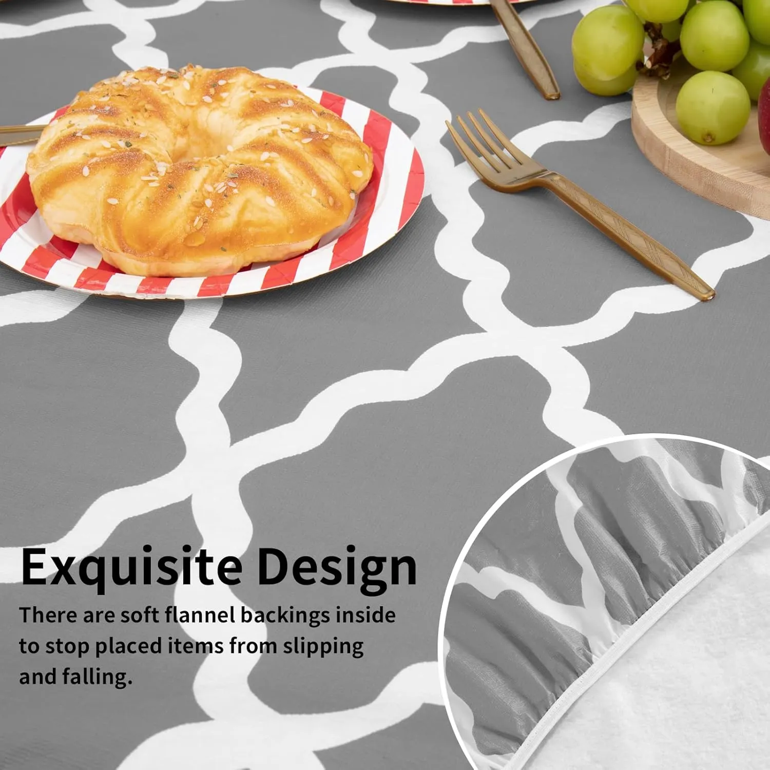 Easy-Going 100% Waterproof Picnic Outdoor Tablecloth with Bench Covers Fit 8 Foot Rectangle Table, 3-Piece Set Camping Table Cover with Seat Covers (30x96 in, Moroccan/Grey & White)