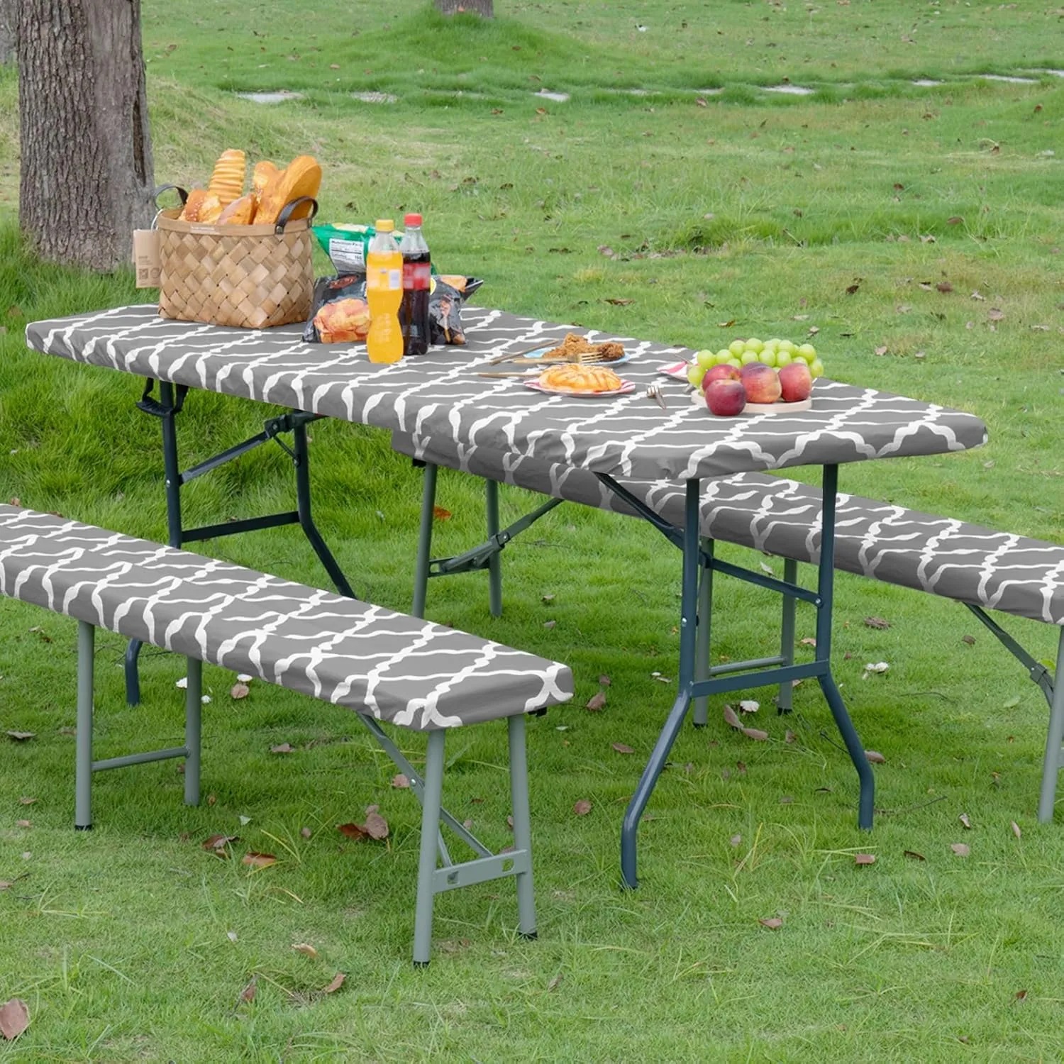 Easy-Going 100% Waterproof Picnic Outdoor Tablecloth with Bench Covers Fit 8 Foot Rectangle Table, 3-Piece Set Camping Table Cover with Seat Covers (30x96 in, Moroccan/Grey & White)