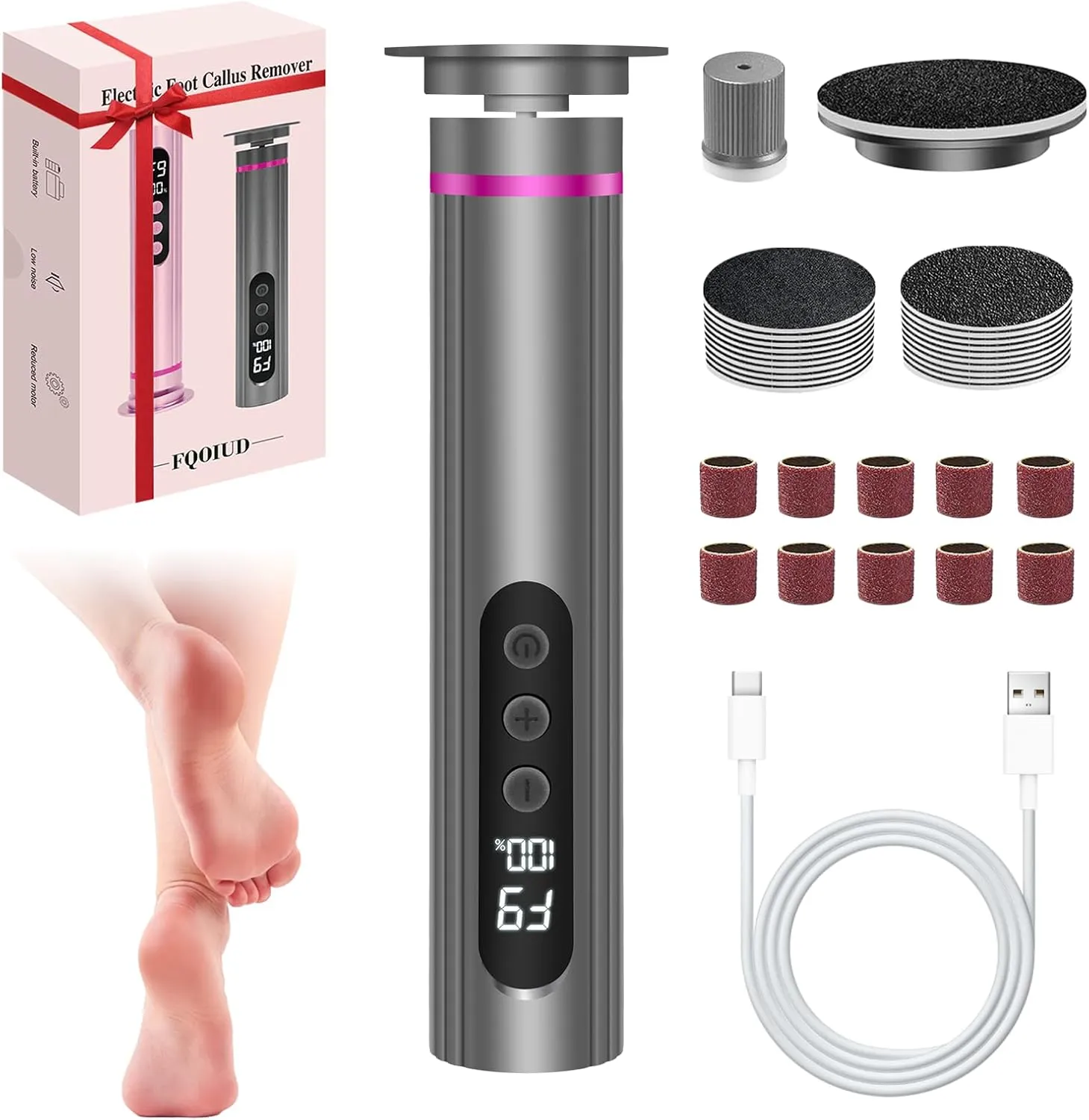 Electric Foot Callus Remover - 2 in 1 Electric Foot File,Adjustable Speed Foot File with Sandpaper Discs & Grinding Heads, 9 Speeds Callus Remover for Feet, Pedicure Tools for Valentine's Day Gift