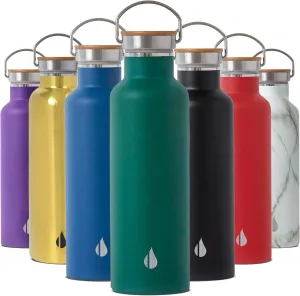 Elemental Classic Stainless Steel Water Bottle - 25oz Leak Proof Double Wall Insulated Water Bottle for Travel, Gym, Sports and Hydration - Thermos Water Bottles with Bamboo Lid - Forest Green
