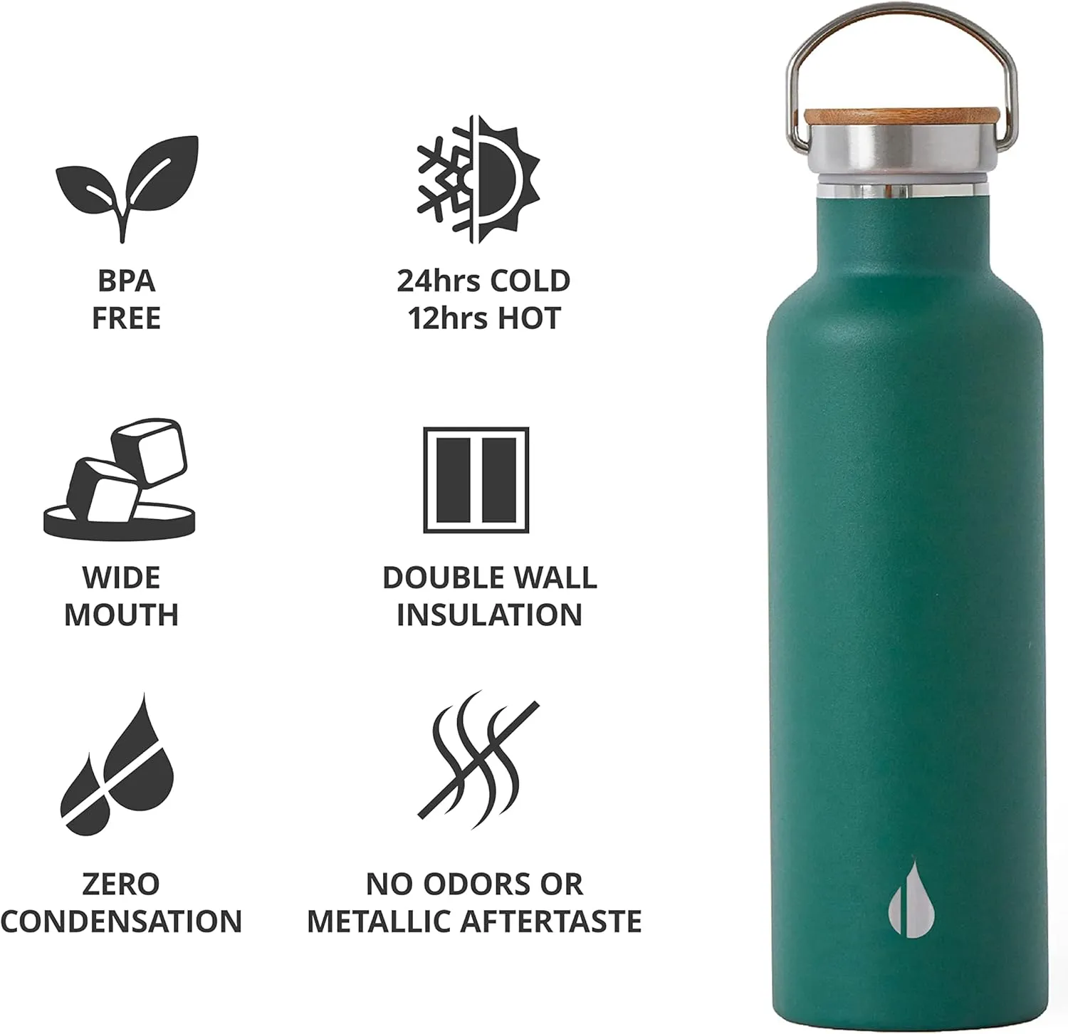 Elemental Classic Stainless Steel Water Bottle - 25oz Leak Proof Double Wall Insulated Water Bottle for Travel, Gym, Sports and Hydration - Thermos Water Bottles with Bamboo Lid - Forest Green