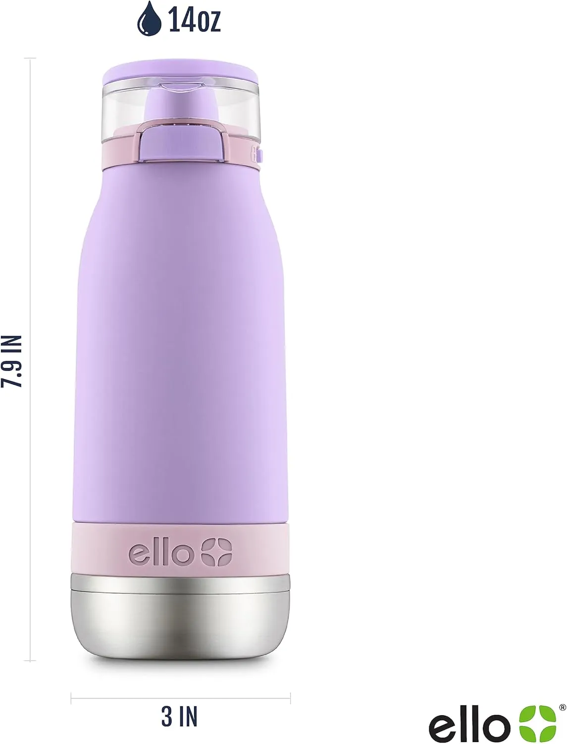 Ello Emma 14oz Vacuum Insulated Stainless Steel Kids Water Bottle with Straw and Built-in Carrying Handle and Leak-Proof Locking Lid for School Backpack, Lunchbox and Outdoor Sports, Lilac