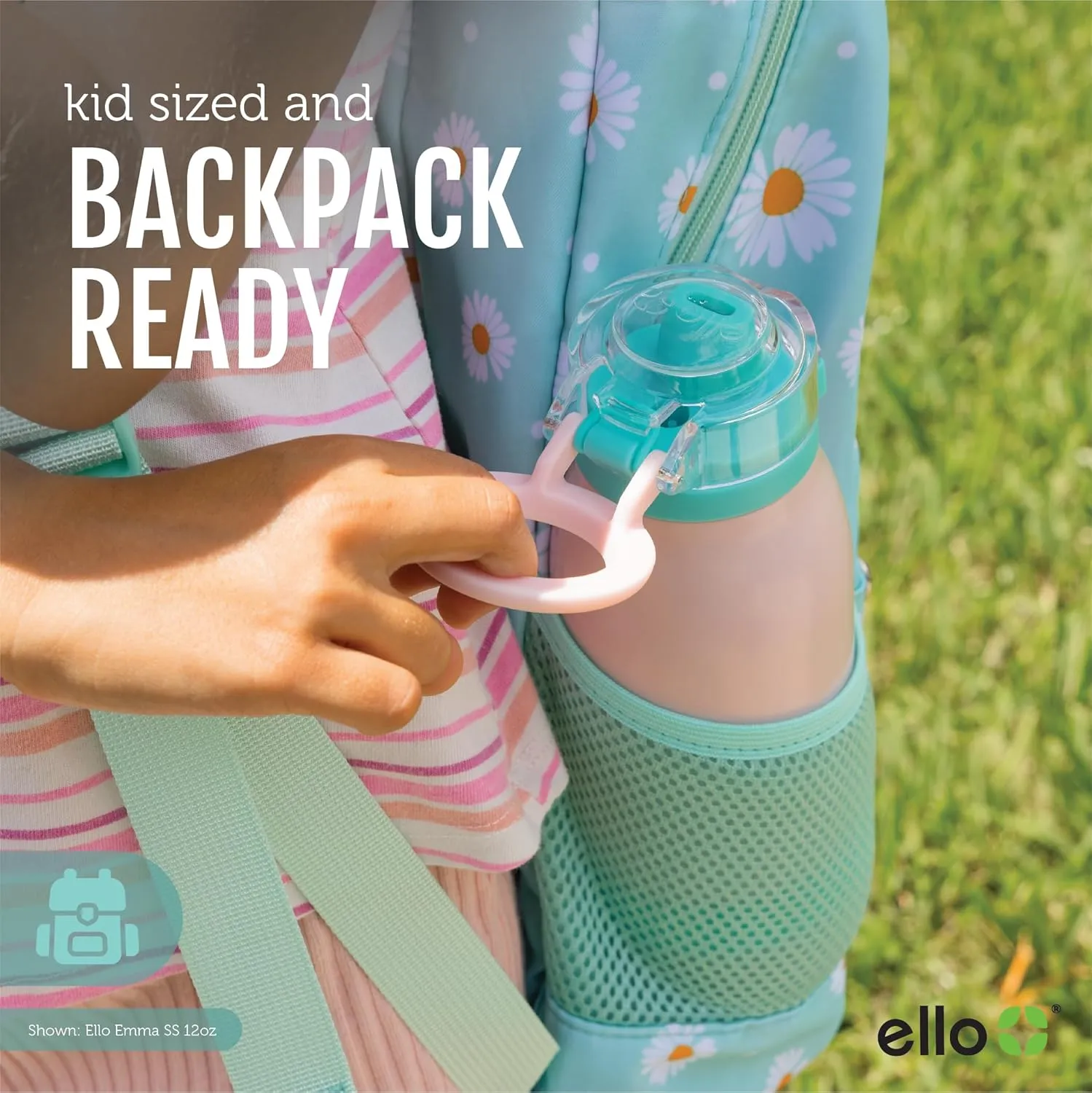 Ello Emma 14oz Vacuum Insulated Stainless Steel Kids Water Bottle with Straw and Built-in Carrying Handle and Leak-Proof Locking Lid for School Backpack, Lunchbox and Outdoor Sports, Touchdown Blue