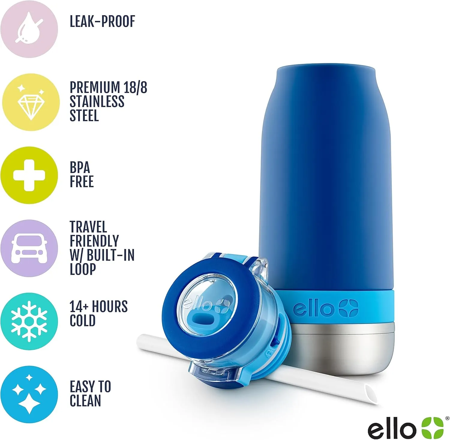 Ello Emma 14oz Vacuum Insulated Stainless Steel Kids Water Bottle with Straw and Built-in Carrying Handle and Leak-Proof Locking Lid for School Backpack, Lunchbox and Outdoor Sports, Touchdown Blue
