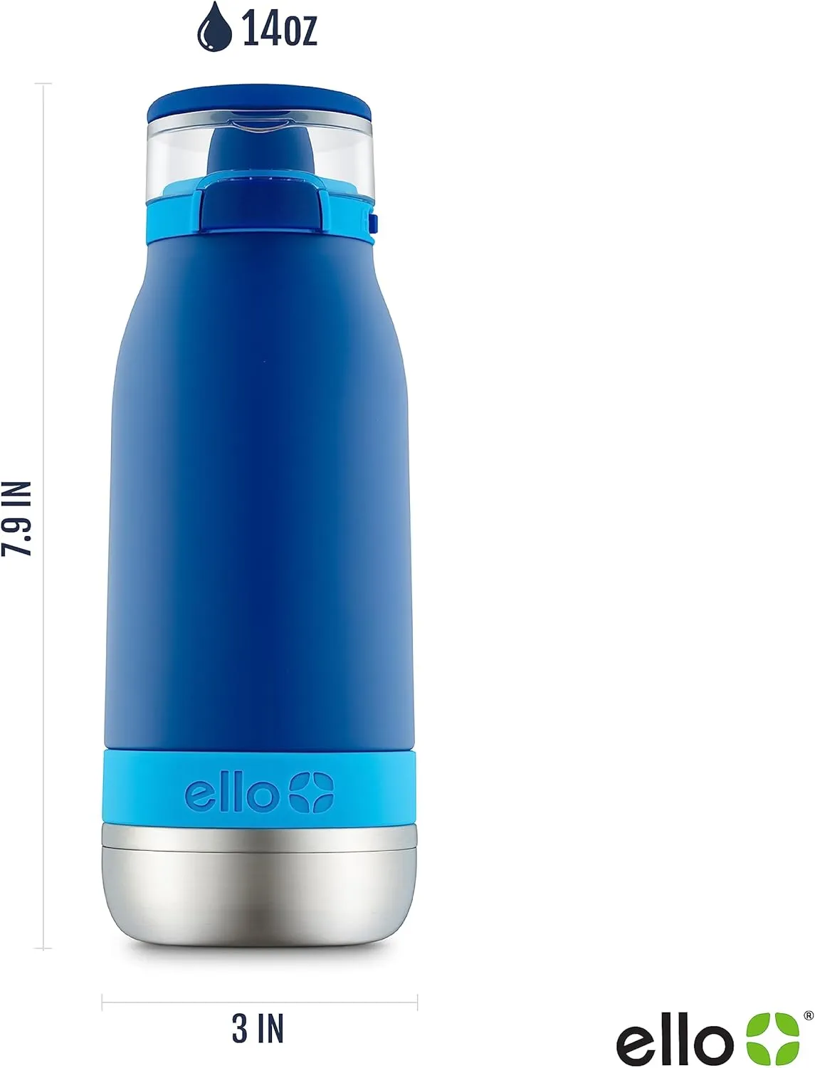 Ello Emma 14oz Vacuum Insulated Stainless Steel Kids Water Bottle with Straw and Built-in Carrying Handle and Leak-Proof Locking Lid for School Backpack, Lunchbox and Outdoor Sports, Touchdown Blue