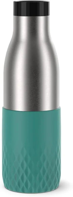 Emsa N31106 Bludrop Sleeve Drinking Bottle, 0.5 litres, 100% Leak-Proof, Quick-Press Closure, Ergonomic 360° Drinking Enjoyment, 12 Hours Warm, 24 Hours, Dishwasher Safe, Stainless Steel, Petrol