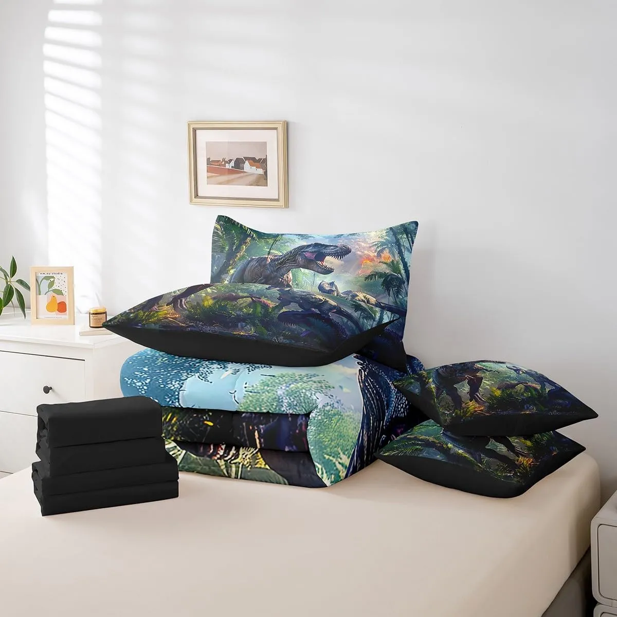 Erosebridal 3D Realistic Dinosaur Bed in a Bag King Size Comforter Set 7 Pieces,Tropical Jungle Wild Animals Bedding Sets Dino Sheet Set with Comforter