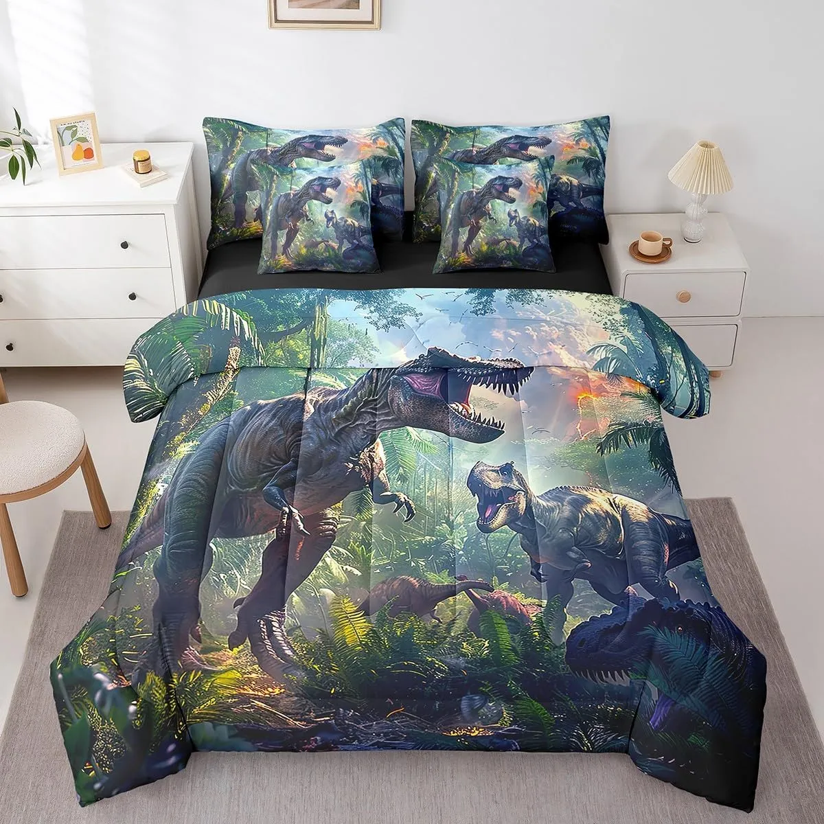 Erosebridal 3D Realistic Dinosaur Bed in a Bag King Size Comforter Set 7 Pieces,Tropical Jungle Wild Animals Bedding Sets Dino Sheet Set with Comforter