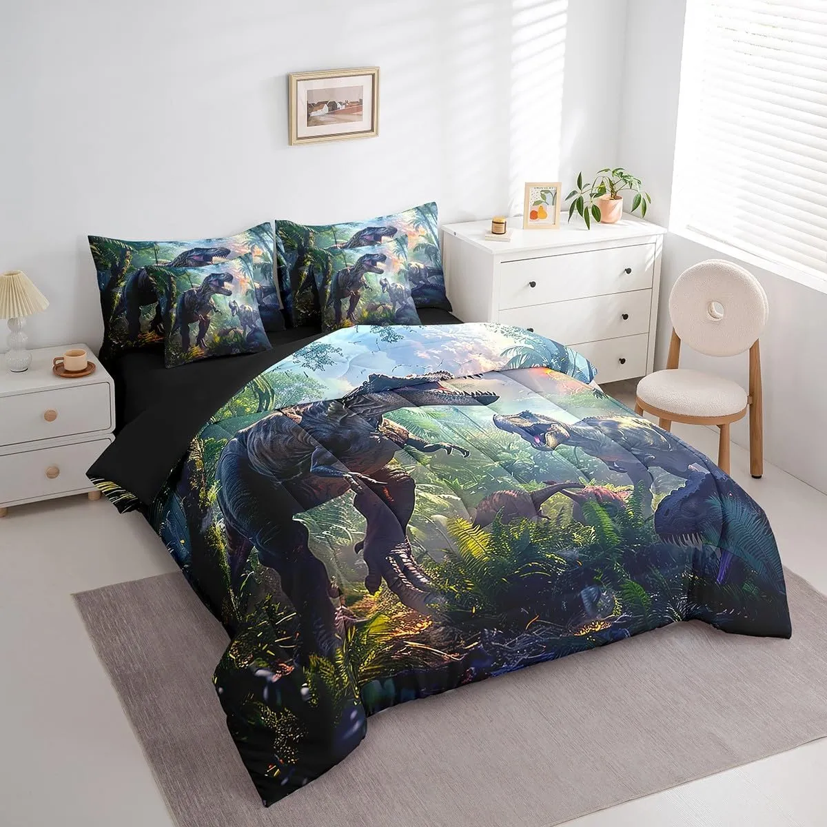 Erosebridal 3D Realistic Dinosaur Bed in a Bag King Size Comforter Set 7 Pieces,Tropical Jungle Wild Animals Bedding Sets Dino Sheet Set with Comforter