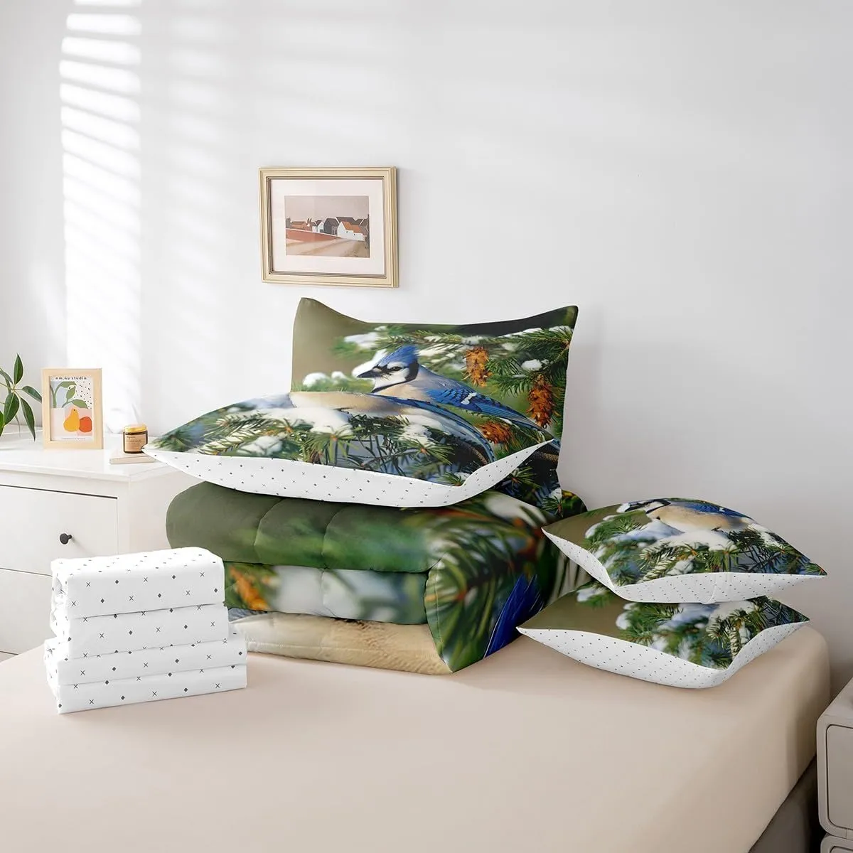 Erosebridal Blue Jay Comforter Set 7 Piece Bed in a Bag Twin,North American Birds Bedding Sets Spruce Tree Branches Sheet Set with Comforter