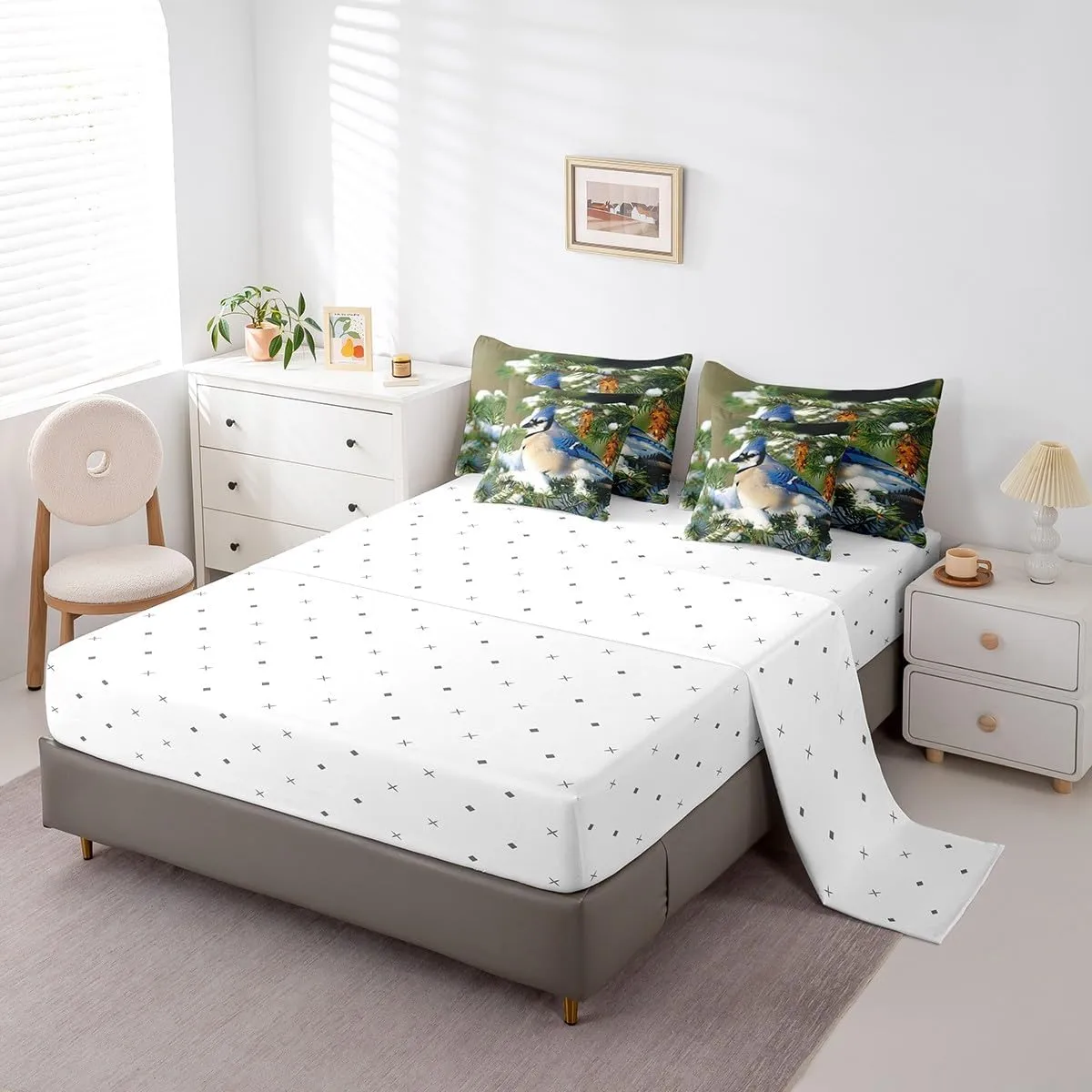 Erosebridal Blue Jay Comforter Set 7 Piece Bed in a Bag Twin,North American Birds Bedding Sets Spruce Tree Branches Sheet Set with Comforter