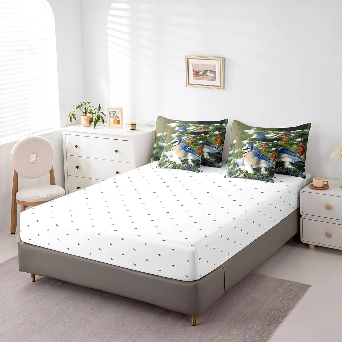 Erosebridal Blue Jay Comforter Set 7 Piece Bed in a Bag Twin,North American Birds Bedding Sets Spruce Tree Branches Sheet Set with Comforter