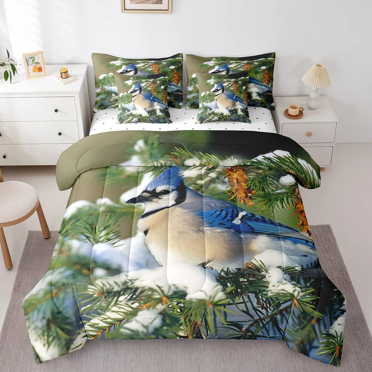 Erosebridal Blue Jay Comforter Set 7 Piece Bed in a Bag Twin,North American Birds Bedding Sets Spruce Tree Branches Sheet Set with Comforter