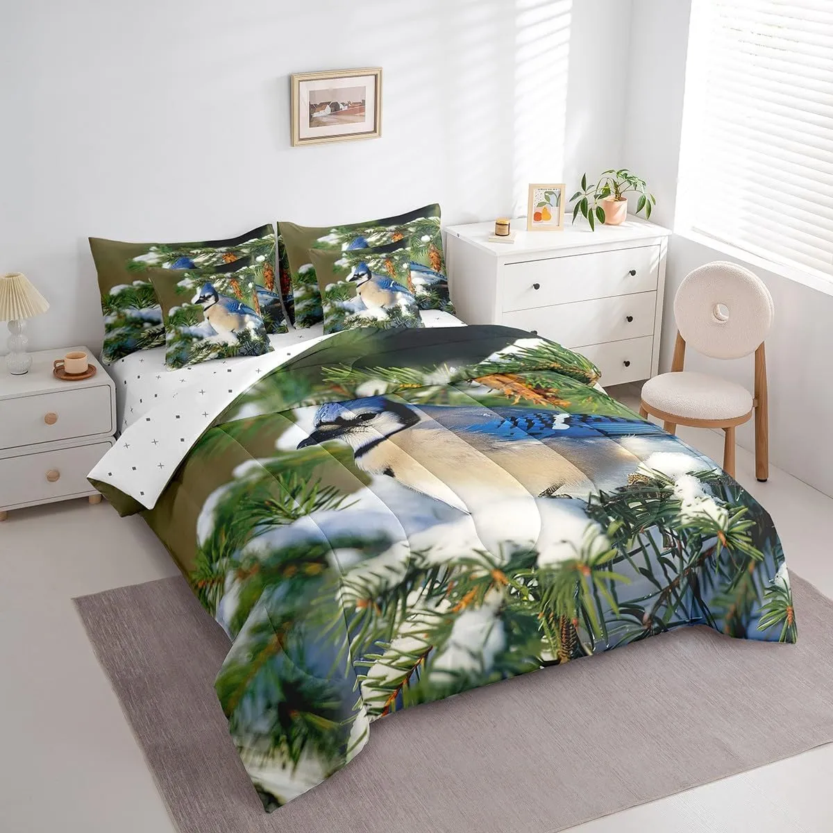 Erosebridal Blue Jay Comforter Set 7 Piece Bed in a Bag Twin,North American Birds Bedding Sets Spruce Tree Branches Sheet Set with Comforter