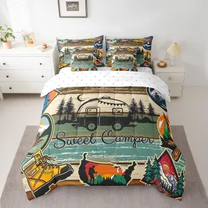 Erosebridal Camp Travel Car Comforter Set 7 Piece Bed in a Bag Twin,Happy Glamping Trailer Camper Bedding Sets Barn Cottage Cabin Camping Sheet Set with Comforter