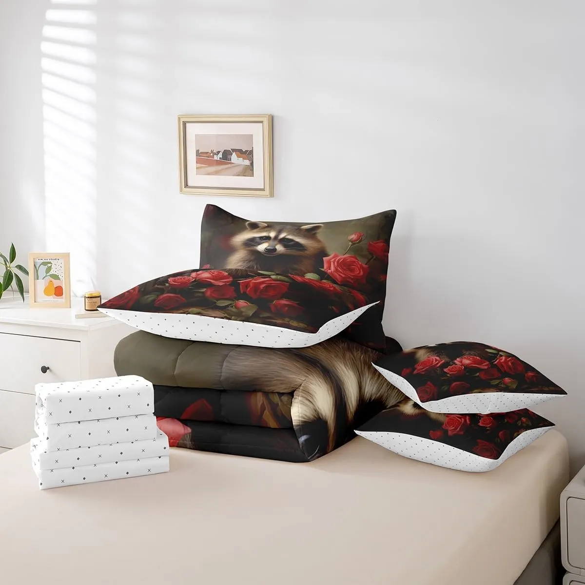 Erosebridal Cute Raccoon Comforter Set 7 Piece Bed in a Bag Twin,Red Rose Bedding Sets Romantic Flowers Bed Set,Wild Woodland Animals Sheet Set with Comforter