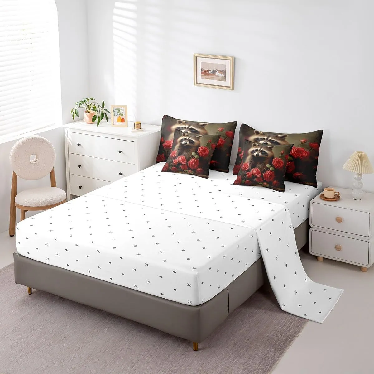 Erosebridal Cute Raccoon Comforter Set 7 Piece Bed in a Bag Twin,Red Rose Bedding Sets Romantic Flowers Bed Set,Wild Woodland Animals Sheet Set with Comforter