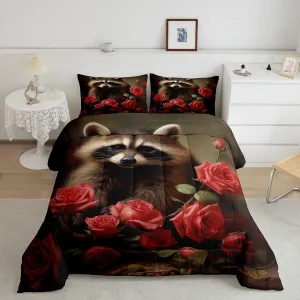 Erosebridal Cute Raccoon Comforter Set 7 Piece Bed in a Bag Twin,Red Rose Bedding Sets Romantic Flowers Bed Set,Wild Woodland Animals Sheet Set with Comforter