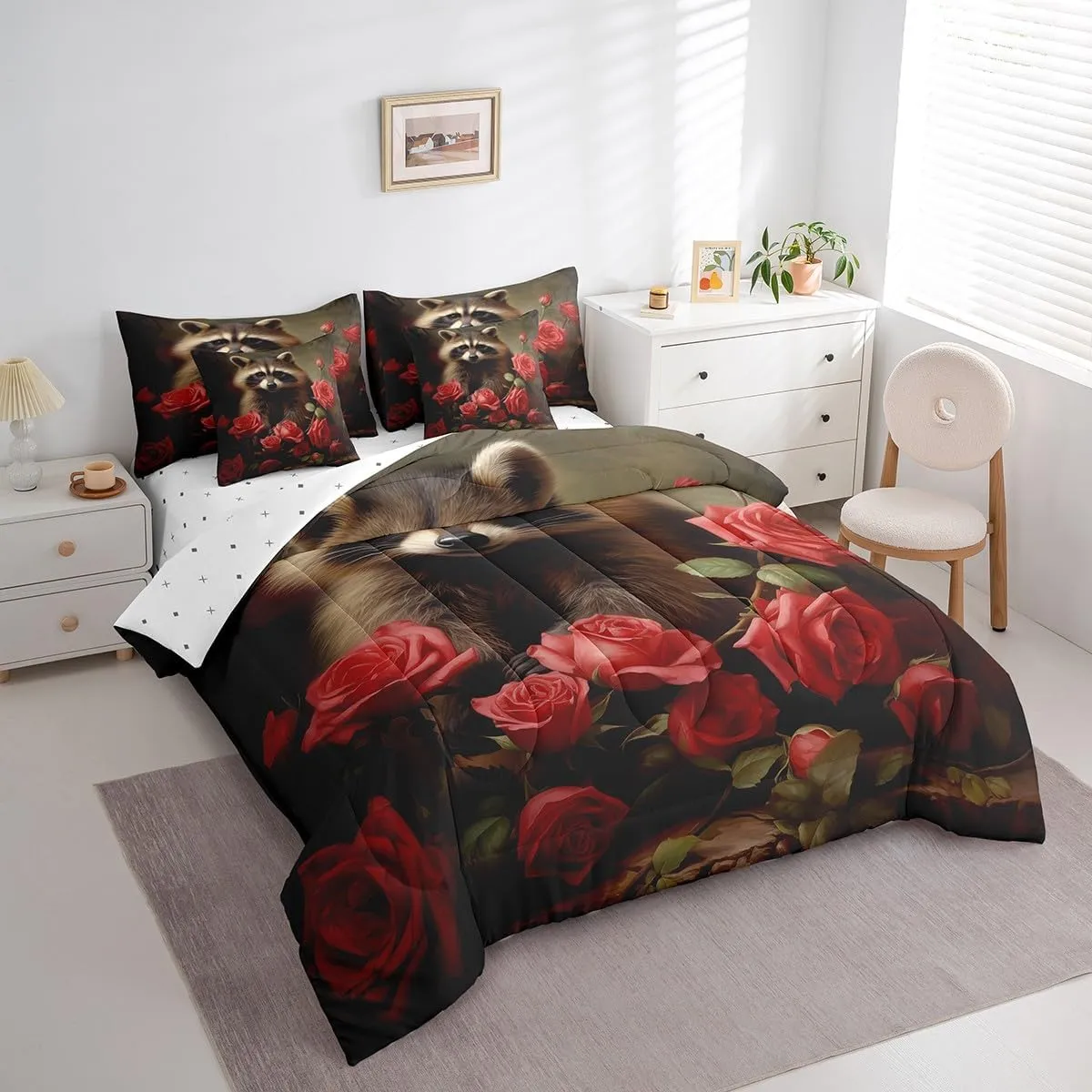 Erosebridal Cute Raccoon Comforter Set 7 Piece Bed in a Bag Twin,Red Rose Bedding Sets Romantic Flowers Bed Set,Wild Woodland Animals Sheet Set with Comforter