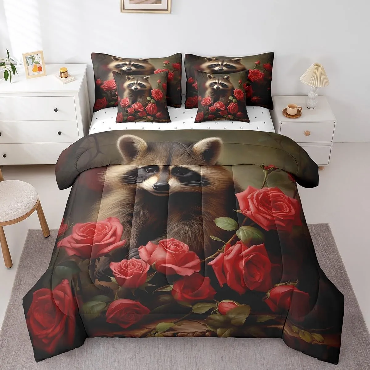 Erosebridal Cute Raccoon Comforter Set 7 Piece Bed in a Bag Twin,Red Rose Bedding Sets Romantic Flowers Bed Set,Wild Woodland Animals Sheet Set with Comforter