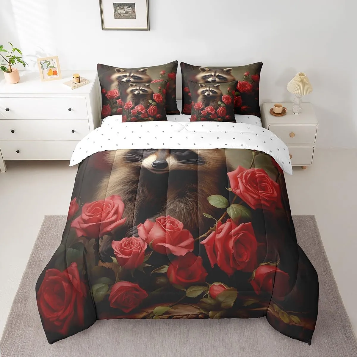 Erosebridal Cute Raccoon Comforter Set 7 Piece Bed in a Bag Twin,Red Rose Bedding Sets Romantic Flowers Bed Set,Wild Woodland Animals Sheet Set with Comforter