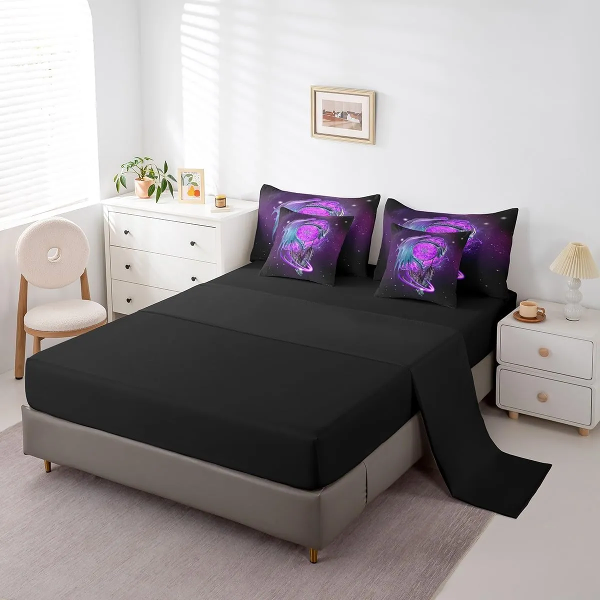 Erosebridal Gothic Dragon Dream Catchers Comforter Set 7 Piece Bed in a Bag Twin,Purple Galaxy Bohemian Feather Bedding Sets Antique Animal Pterosaur Sheet Set with Comforter