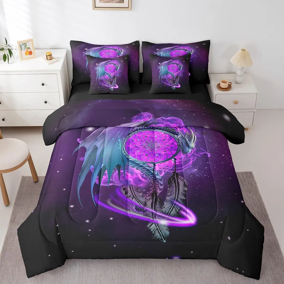 Erosebridal Gothic Dragon Dream Catchers Comforter Set 7 Piece Bed in a Bag Twin,Purple Galaxy Bohemian Feather Bedding Sets Antique Animal Pterosaur Sheet Set with Comforter