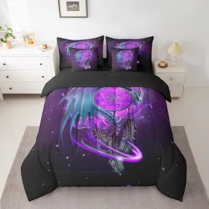 Erosebridal Gothic Dragon Dream Catchers Comforter Set 7 Piece Bed in a Bag Twin,Purple Galaxy Bohemian Feather Bedding Sets Antique Animal Pterosaur Sheet Set with Comforter
