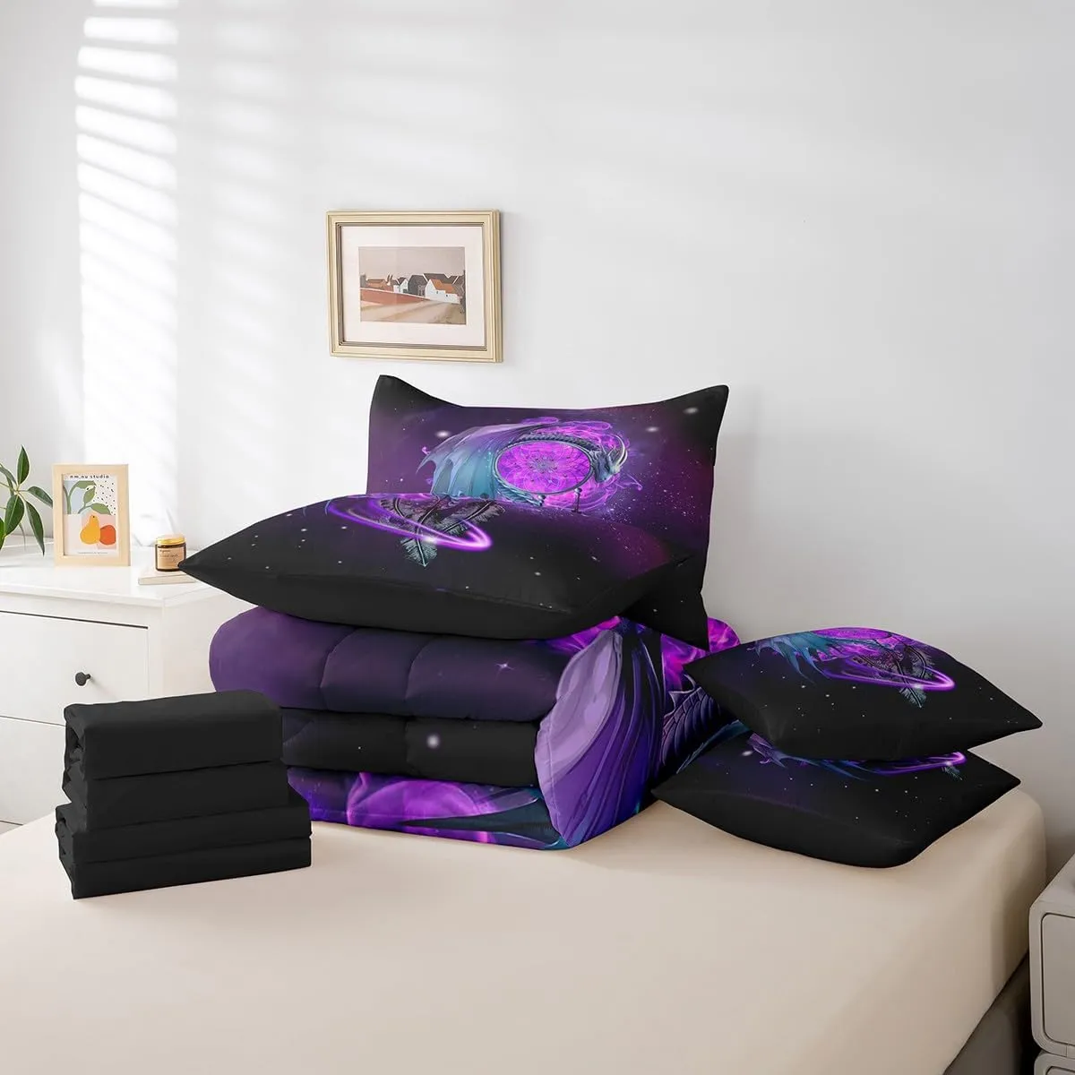 Erosebridal Gothic Dragon Dream Catchers Comforter Set 7 Piece Bed in a Bag Twin,Purple Galaxy Bohemian Feather Bedding Sets Antique Animal Pterosaur Sheet Set with Comforter