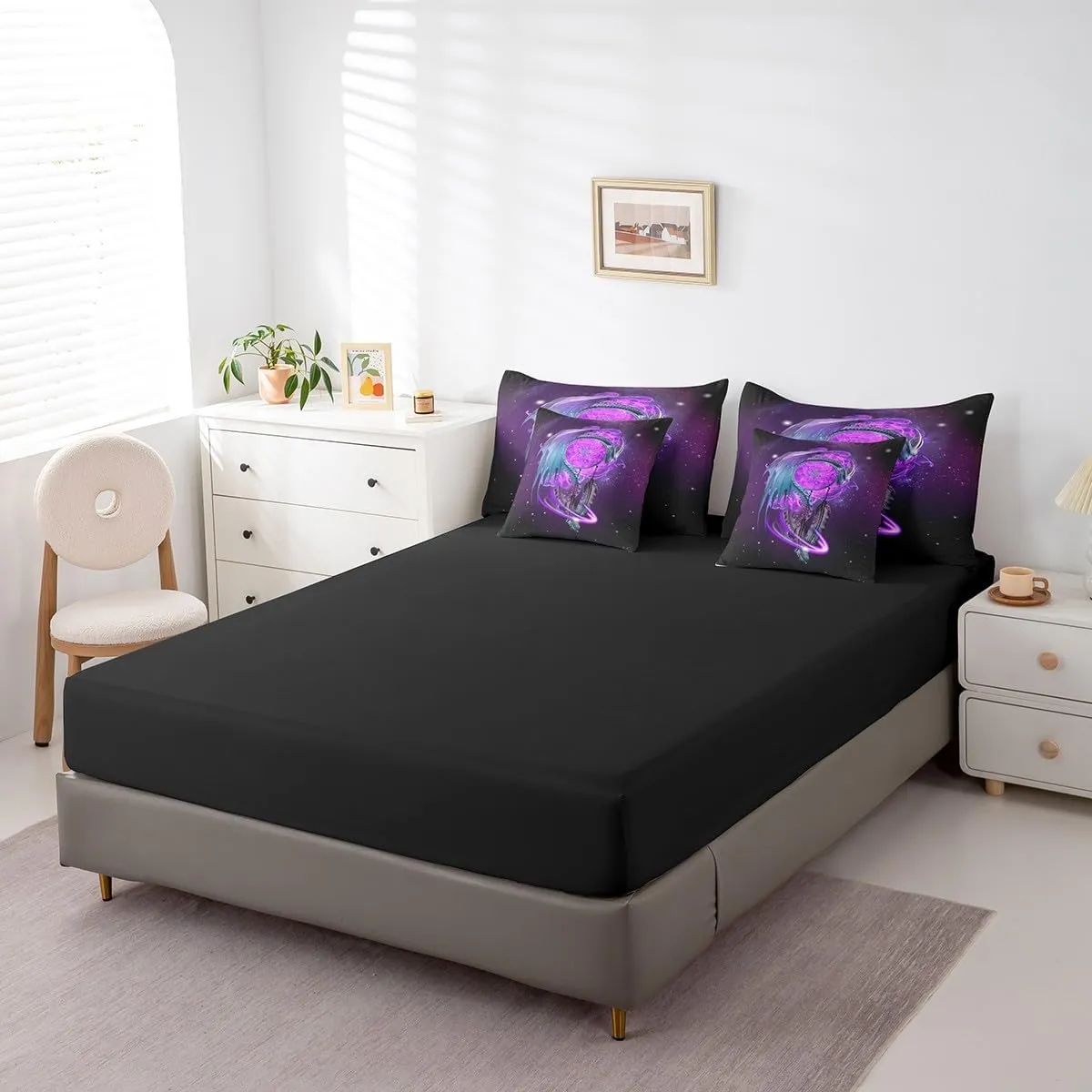 Erosebridal Gothic Dragon Dream Catchers Comforter Set 7 Piece Bed in a Bag Twin,Purple Galaxy Bohemian Feather Bedding Sets Antique Animal Pterosaur Sheet Set with Comforter