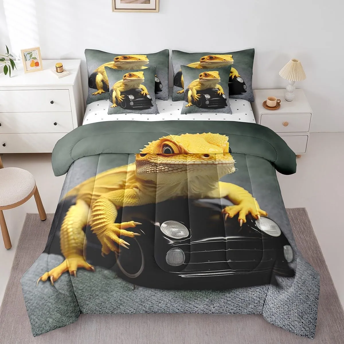 Erosebridal Lizard 7 Piece Comforter Set Full Bed in a Bag,Sports Car Bedding Sets Chameleon Reptile Sheet Set with Comforter