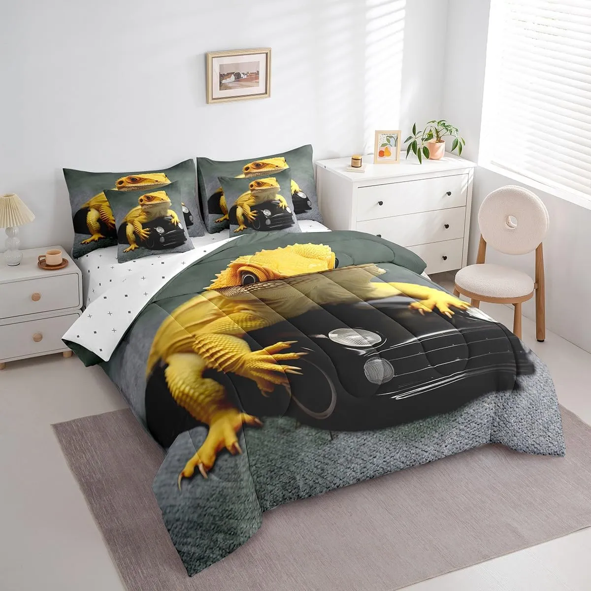 Erosebridal Lizard 7 Piece Comforter Set Full Bed in a Bag,Sports Car Bedding Sets Chameleon Reptile Sheet Set with Comforter