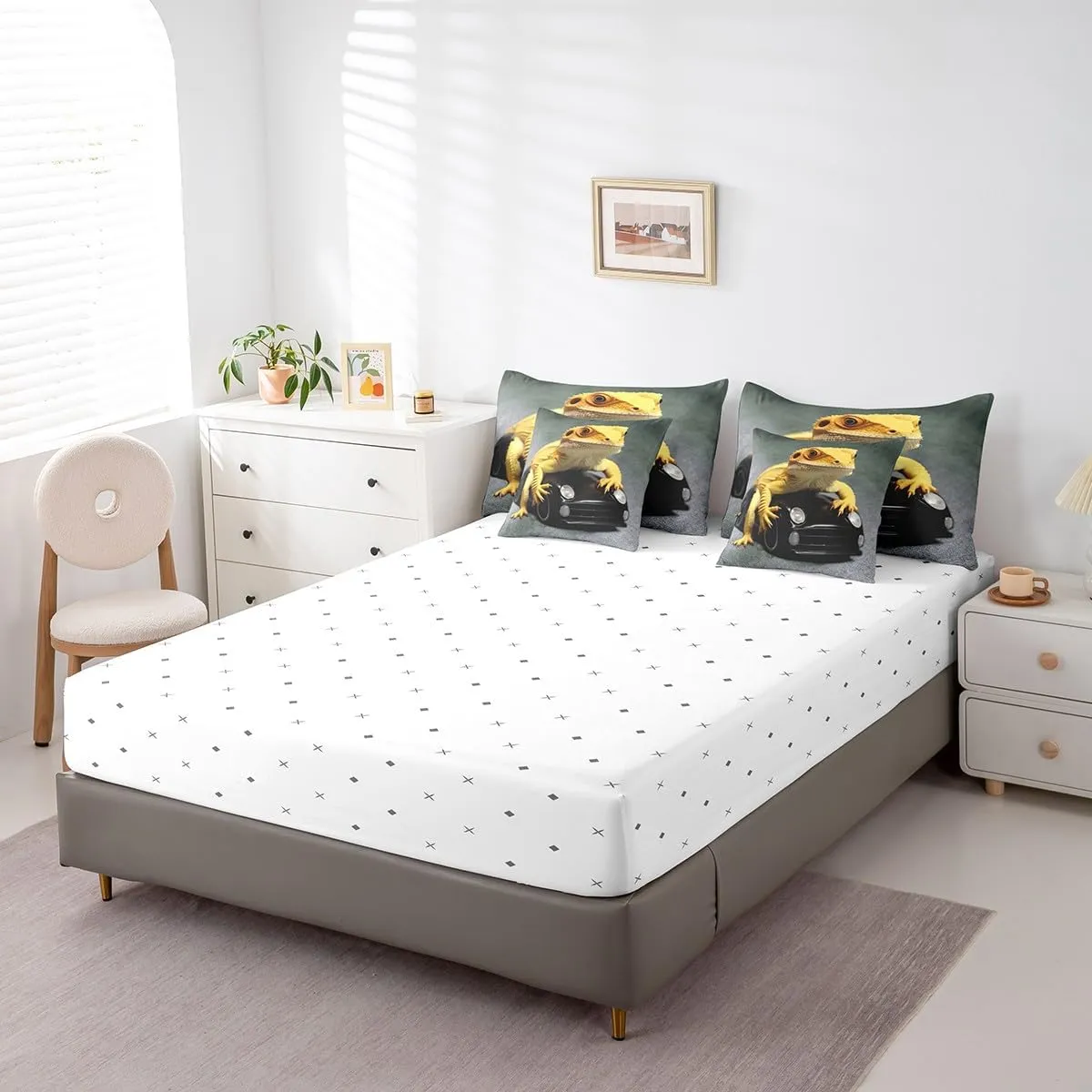 Erosebridal Lizard 7 Piece Comforter Set Full Bed in a Bag,Sports Car Bedding Sets Chameleon Reptile Sheet Set with Comforter