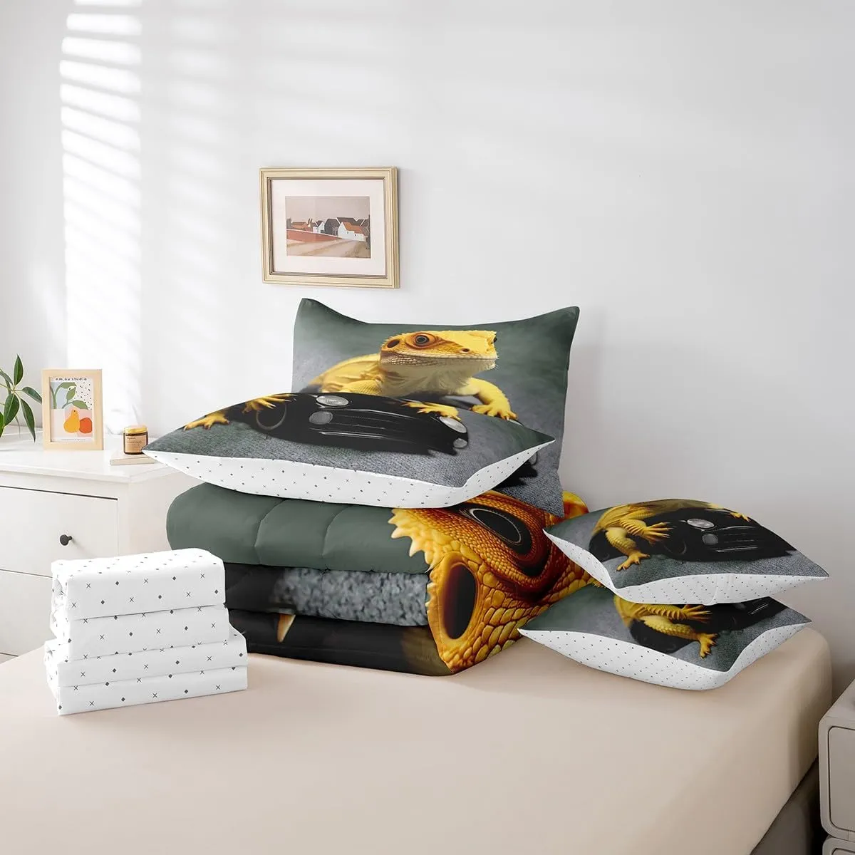 Erosebridal Lizard 7 Piece Comforter Set Full Bed in a Bag,Sports Car Bedding Sets Chameleon Reptile Sheet Set with Comforter