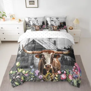 Erosebridal Longhorn Bull Bed in a Bag Queen Comforter Set 7 Piece,Highland Cow Bedding Sets Garden Windmill Decor Sheet Set with Comforter
