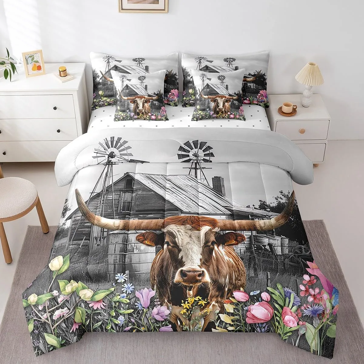 Erosebridal Longhorn Bull Bed in a Bag Queen Comforter Set 7 Piece,Highland Cow Bedding Sets Garden Windmill Decor Sheet Set with Comforter