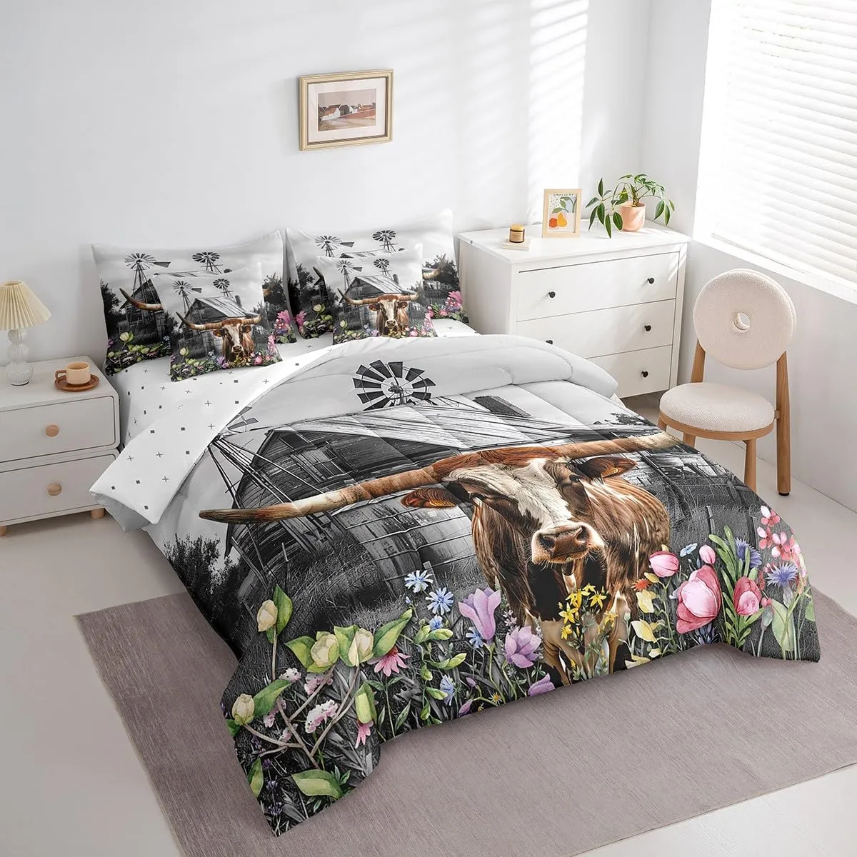Erosebridal Longhorn Bull Bed in a Bag Queen Comforter Set 7 Piece,Highland Cow Bedding Sets Garden Windmill Decor Sheet Set with Comforter