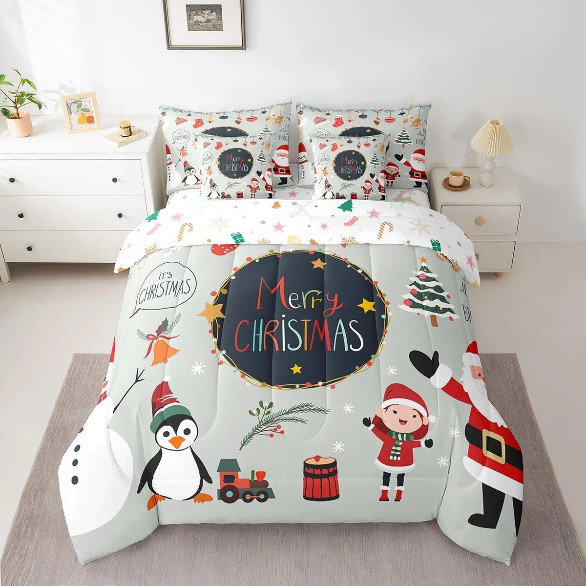 Erosebridal Merry Christmas Comforter Set 7 Piece Bed in a Bag Twin,Santa Dwarf Bedding Sets Cartoon Snowman Penguin Sheet Set with Comforter,Xmas Red Santa Claus Bed Set