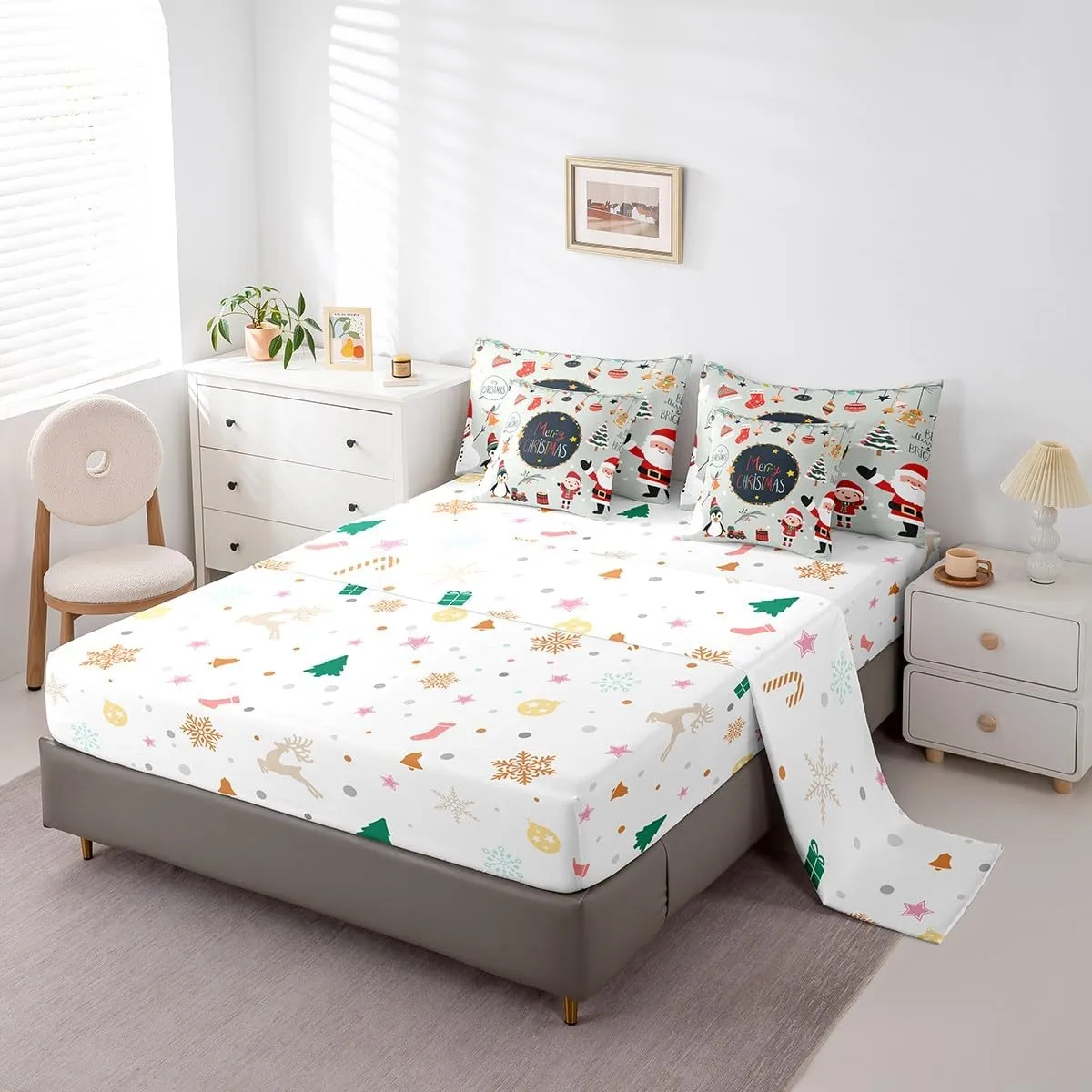 Erosebridal Merry Christmas Comforter Set 7 Piece Bed in a Bag Twin,Santa Dwarf Bedding Sets Cartoon Snowman Penguin Sheet Set with Comforter,Xmas Red Santa Claus Bed Set