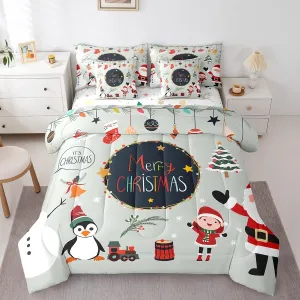 Erosebridal Merry Christmas Comforter Set 7 Piece Bed in a Bag Twin,Santa Dwarf Bedding Sets Cartoon Snowman Penguin Sheet Set with Comforter,Xmas Red Santa Claus Bed Set