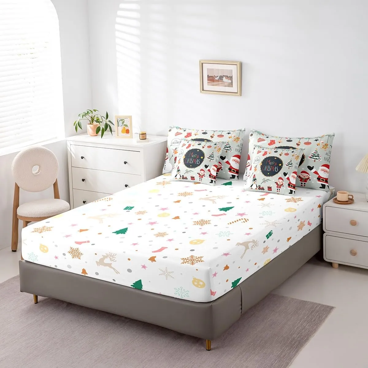 Erosebridal Merry Christmas Comforter Set 7 Piece Bed in a Bag Twin,Santa Dwarf Bedding Sets Cartoon Snowman Penguin Sheet Set with Comforter,Xmas Red Santa Claus Bed Set