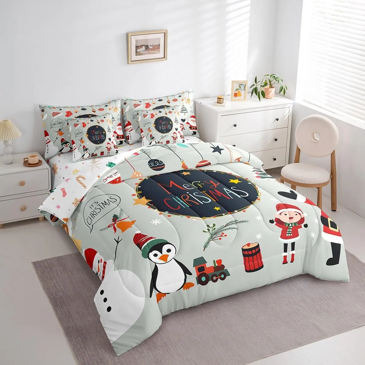 Erosebridal Merry Christmas Comforter Set 7 Piece Bed in a Bag Twin,Santa Dwarf Bedding Sets Cartoon Snowman Penguin Sheet Set with Comforter,Xmas Red Santa Claus Bed Set